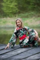 Kimono długie Sensual Mist z ozdobnym czerwonym pasem