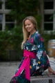Kimono długie Classic Beauty z ozdobnym fuksjowym pasem